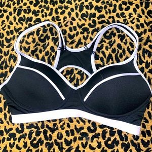 A black and purple sports bra